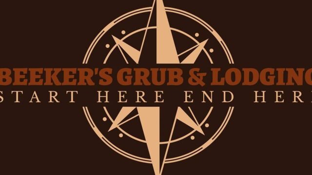 Beeker's Grub and Lodging logo with northstar background. Subtitle is Start here end here.