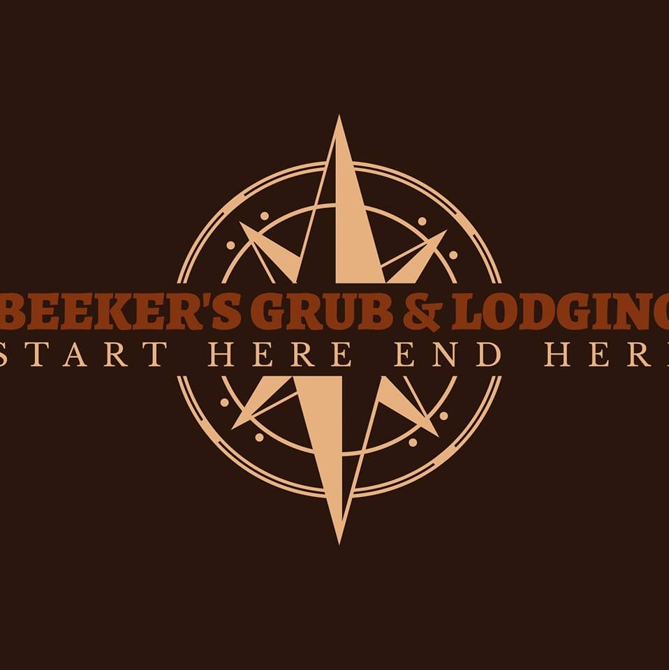 Beeker's Grub and Lodging logo with northstar background. Subtitle is Start here end here.