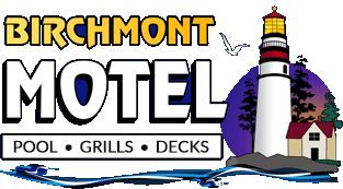 Birchmont Motel logo with lighthouse, seagulls and including pool, grills, and decks.