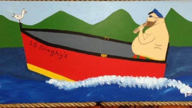 Dinghy's pizza logo. A fat sailor on a small red Dinghy.