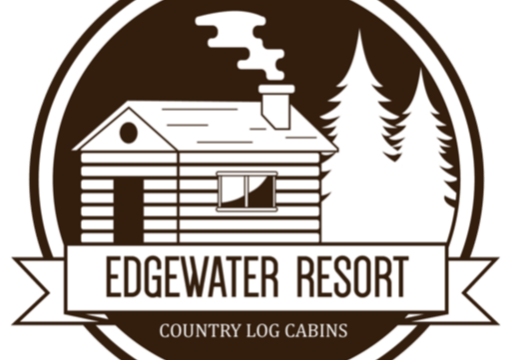 Edgewater Resort Logo - a black and white image of a cabin next to pine trees, with smoke coming out of the chimney.