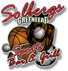 Solberg's Greenleaf Sports Bar and Grill Logo with Sports Balls and a baseball glove