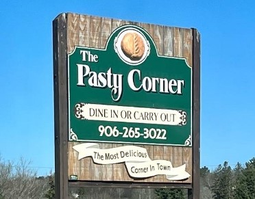 Street sign for Pasty Corner in Iron River, Michigan