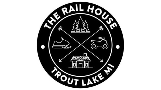 Rail house logo with snowmobile, four wheeler, trees, and a cabin.