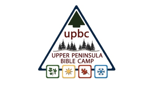 Upper Peninsula Bible Camp logo in the shape of a triangle with wooded forests and graphics for spring, summer, fall, and winter.