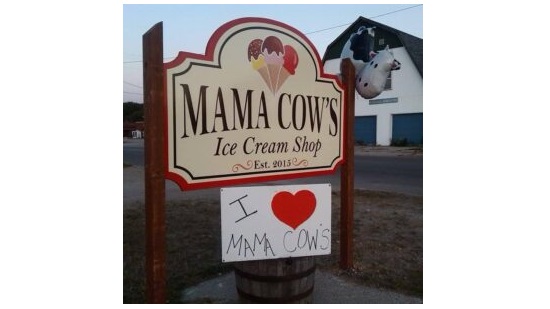 Mama cow's ice cream shop street sign.