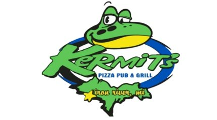 Kermit's pub and grill logo of green frog over UP map